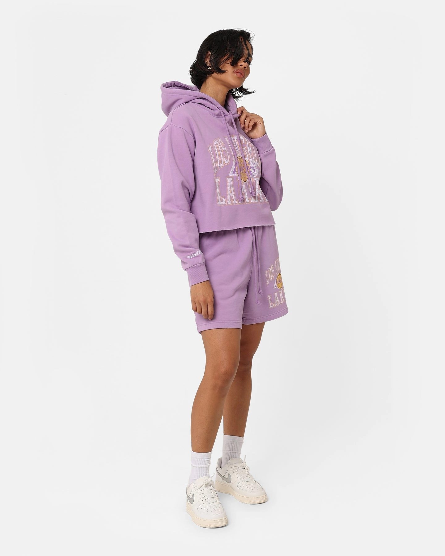 Abrasion Resistant Edges Durable Construction Mitchell & Ness Women's Los Angeles Lakers Arch Logo Crop Hoodie Faded Purple