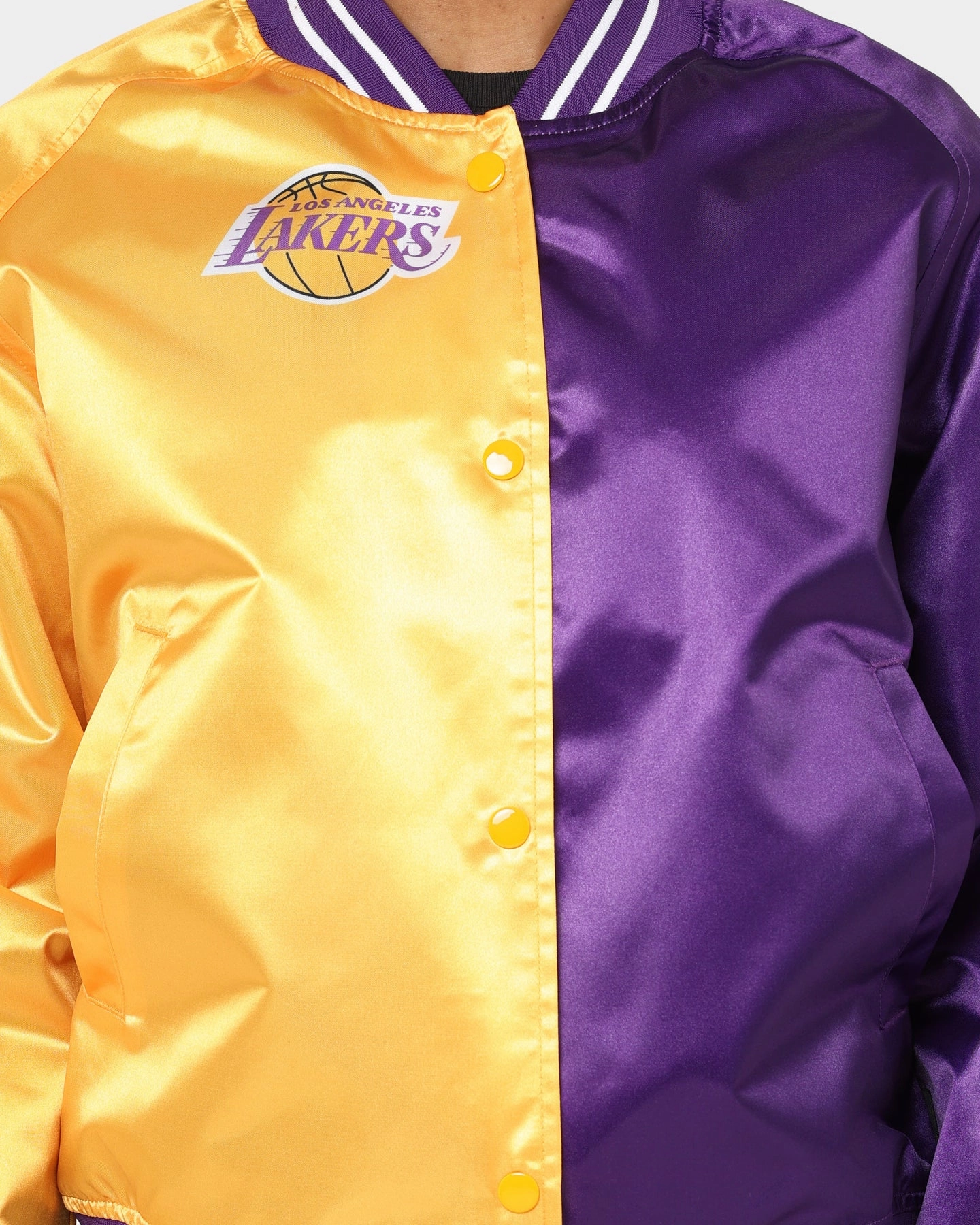 Mitchell & Ness Women's Los Angeles Lakers Big Face 5.0 Satin Jacket Yellow AdjustableCuffs leggings