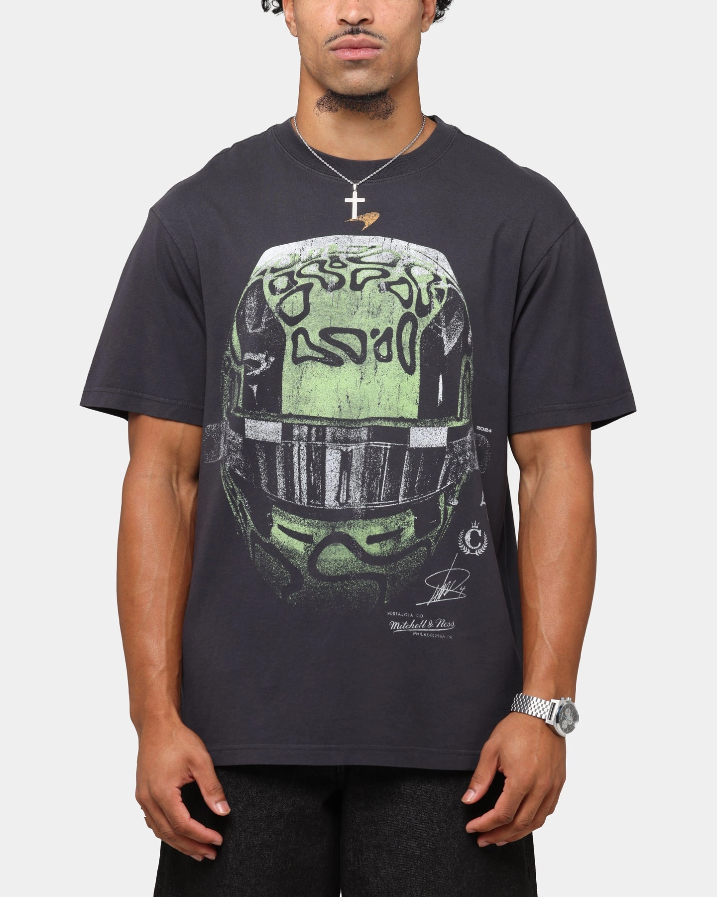 Modern and Soft LowImpactDye Mitchell & Ness X Mclaren Lando Norris Helmet T-Shirt Faded Black