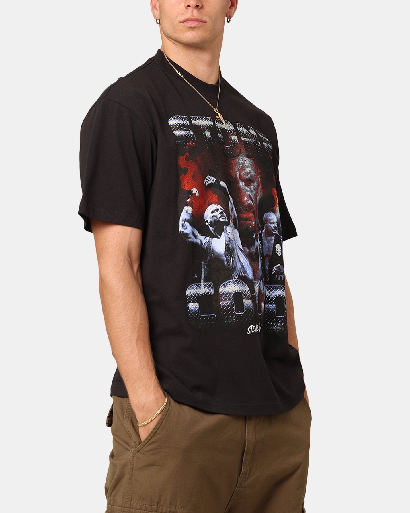 Mitchell & Ness X WWE Stone Cold Steve Austin Stone Cold T-Shirt Overdyed Black Friction Free Inner Lining proper length