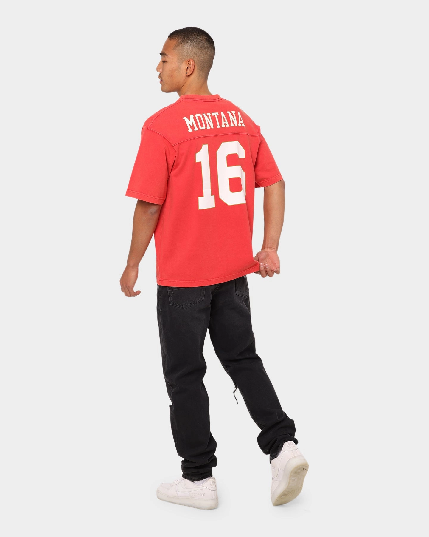 Mitchell San Francisco 49ers Off Field Helmet Vintage T-Shirt Faded Red Stretchable Fabric