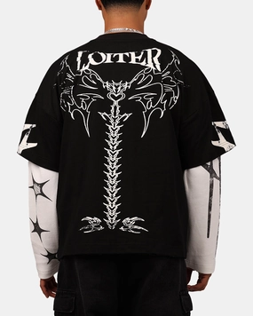 Layered Neckline Loiter Seek N Destroy Long Sleeve T-Shirt Vintage Black