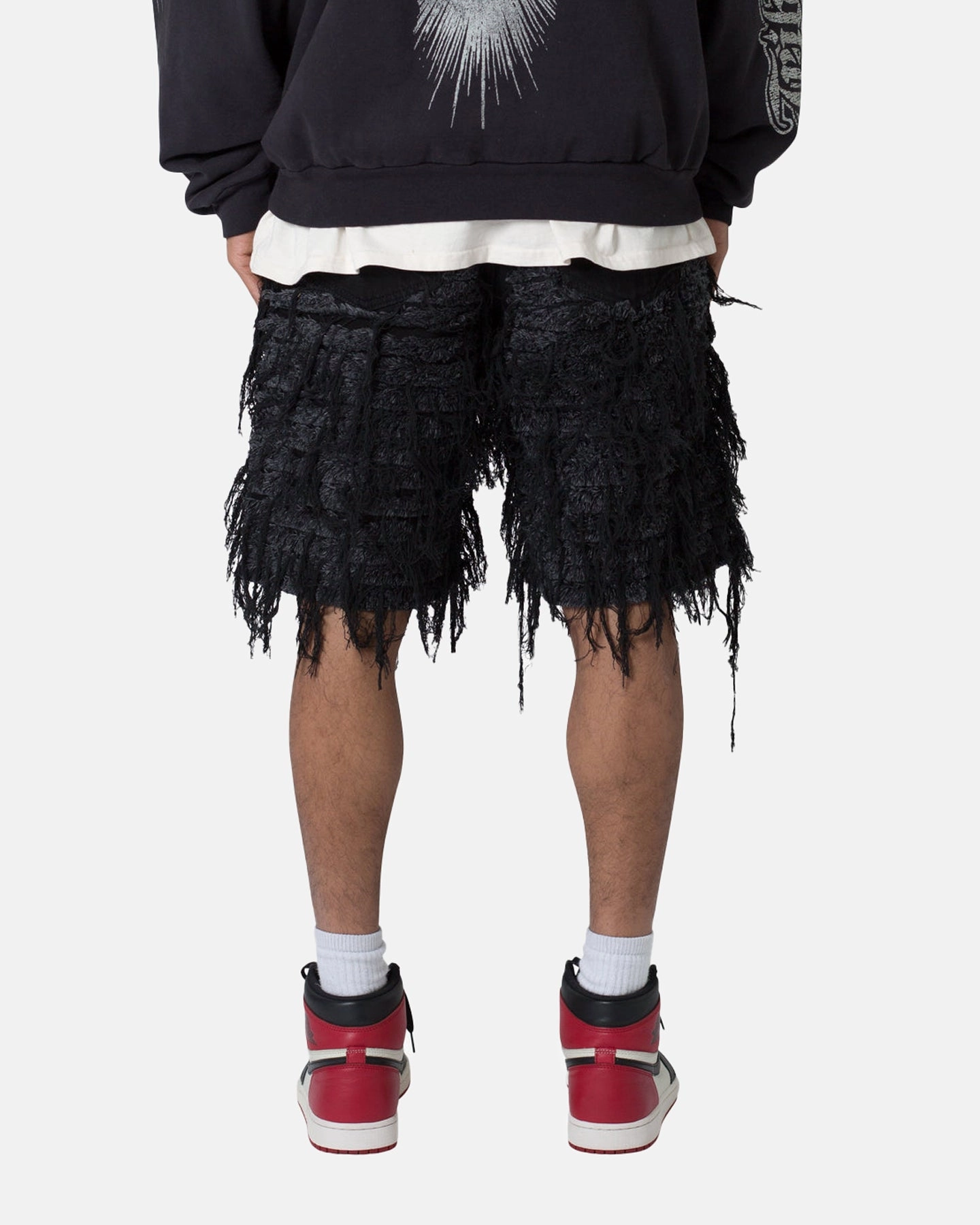 Lightweight Design MNML All Over Frayed Denim Shorts Black