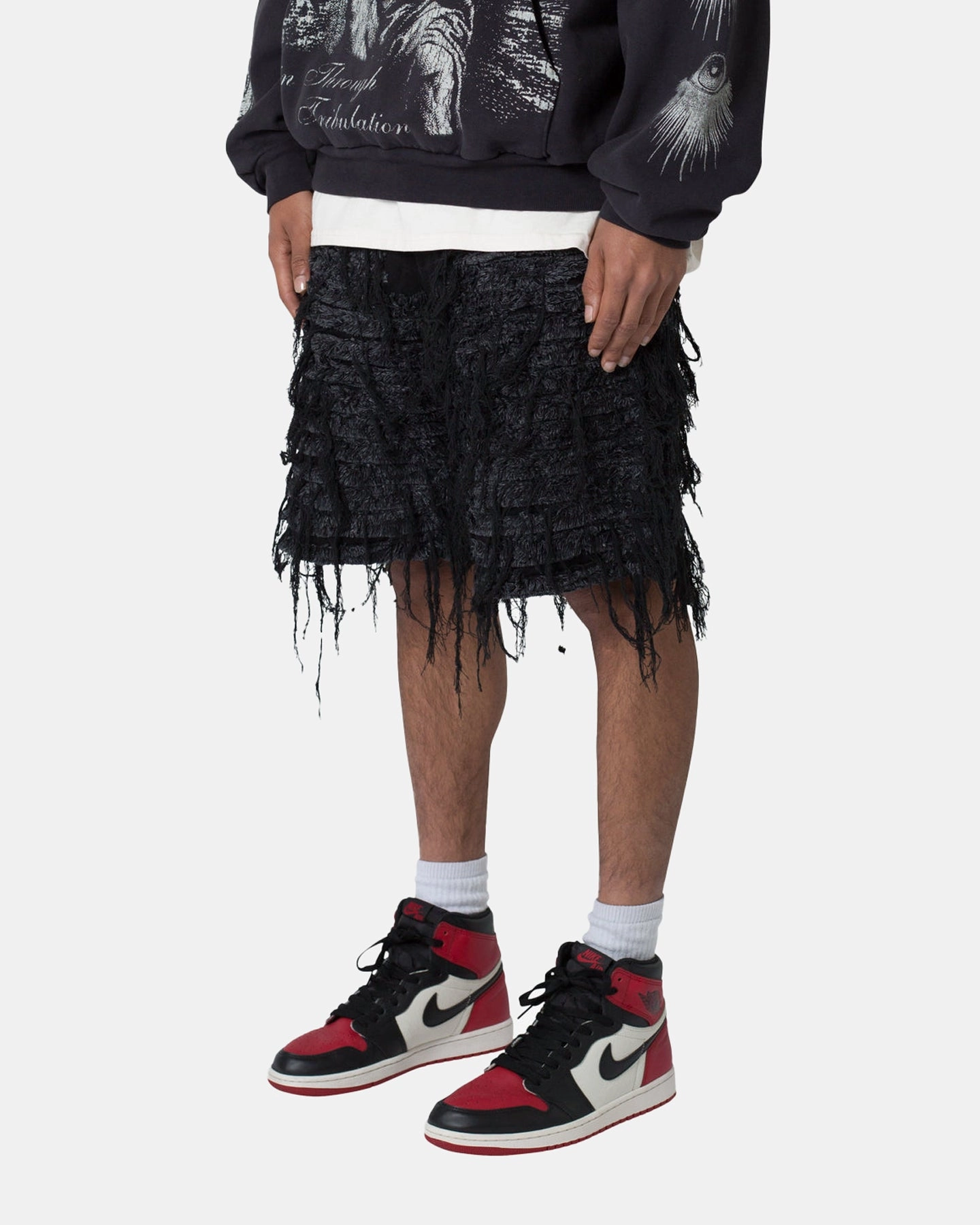 MNML All Over Frayed Denim Shorts Black Simple Appeal