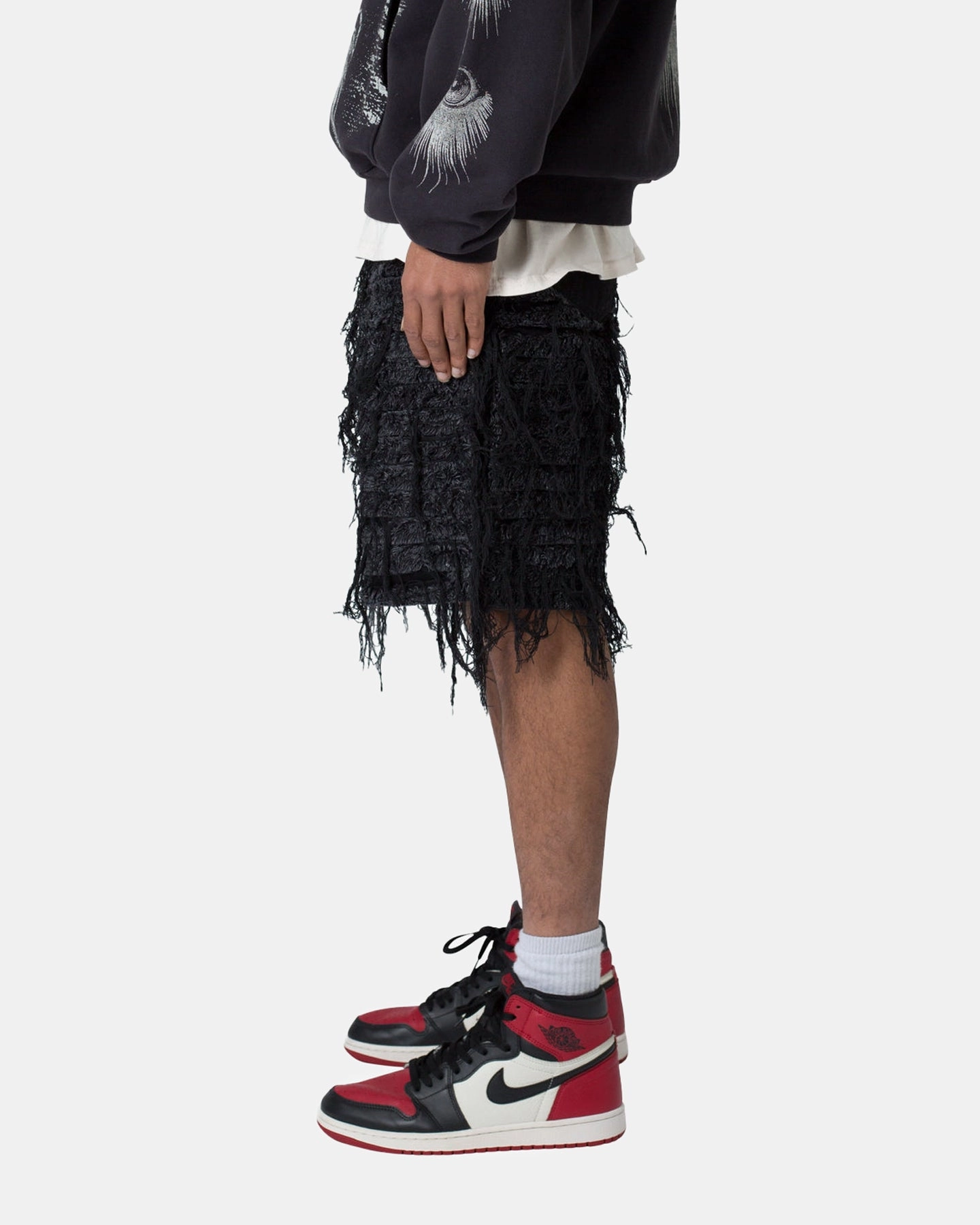 MNML All Over Frayed Denim Shorts Black Sustainable