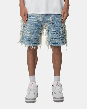 MNML All Over Frayed Denim Shorts Blue High Durability Blend slim fit