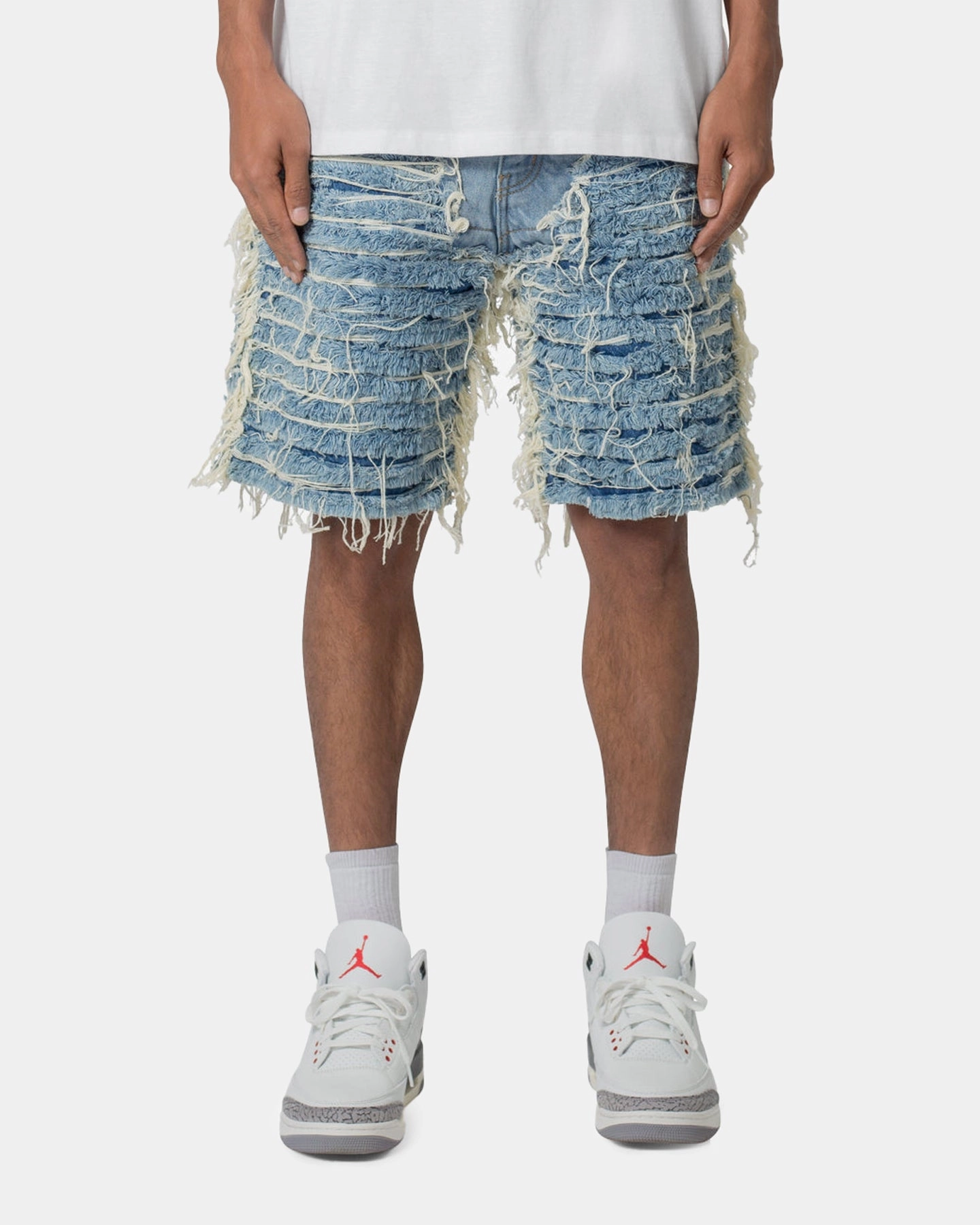 MNML All Over Frayed Denim Shorts Blue High Durability Blend slim fit