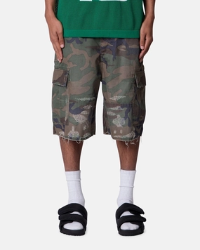 MNML Baggy Distressed Cargo Shorts Camo SoftInnerLining Multi Pocket Functionality