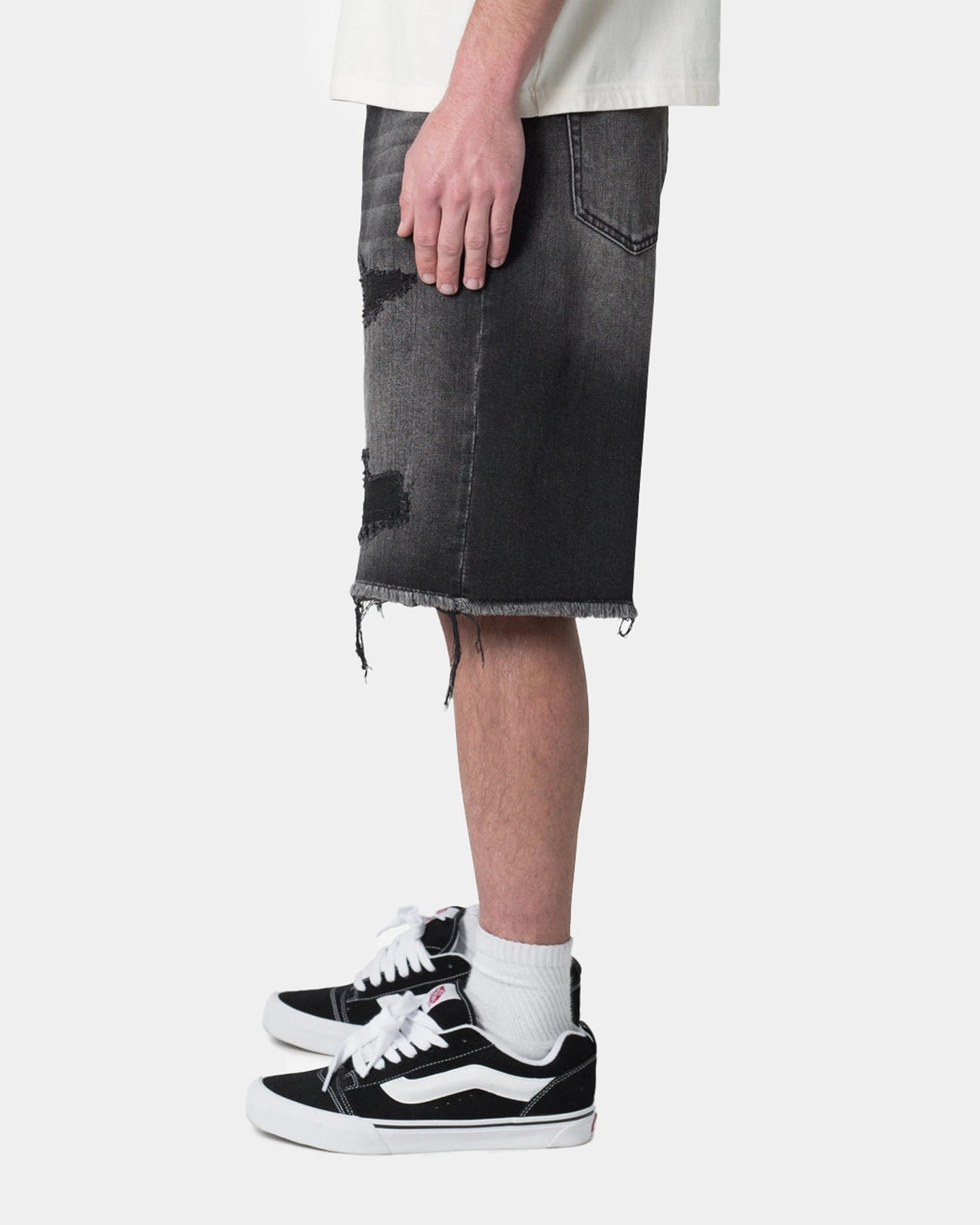 MNML Baggy Rip Denim Shorts Washed Black Vegan Leather