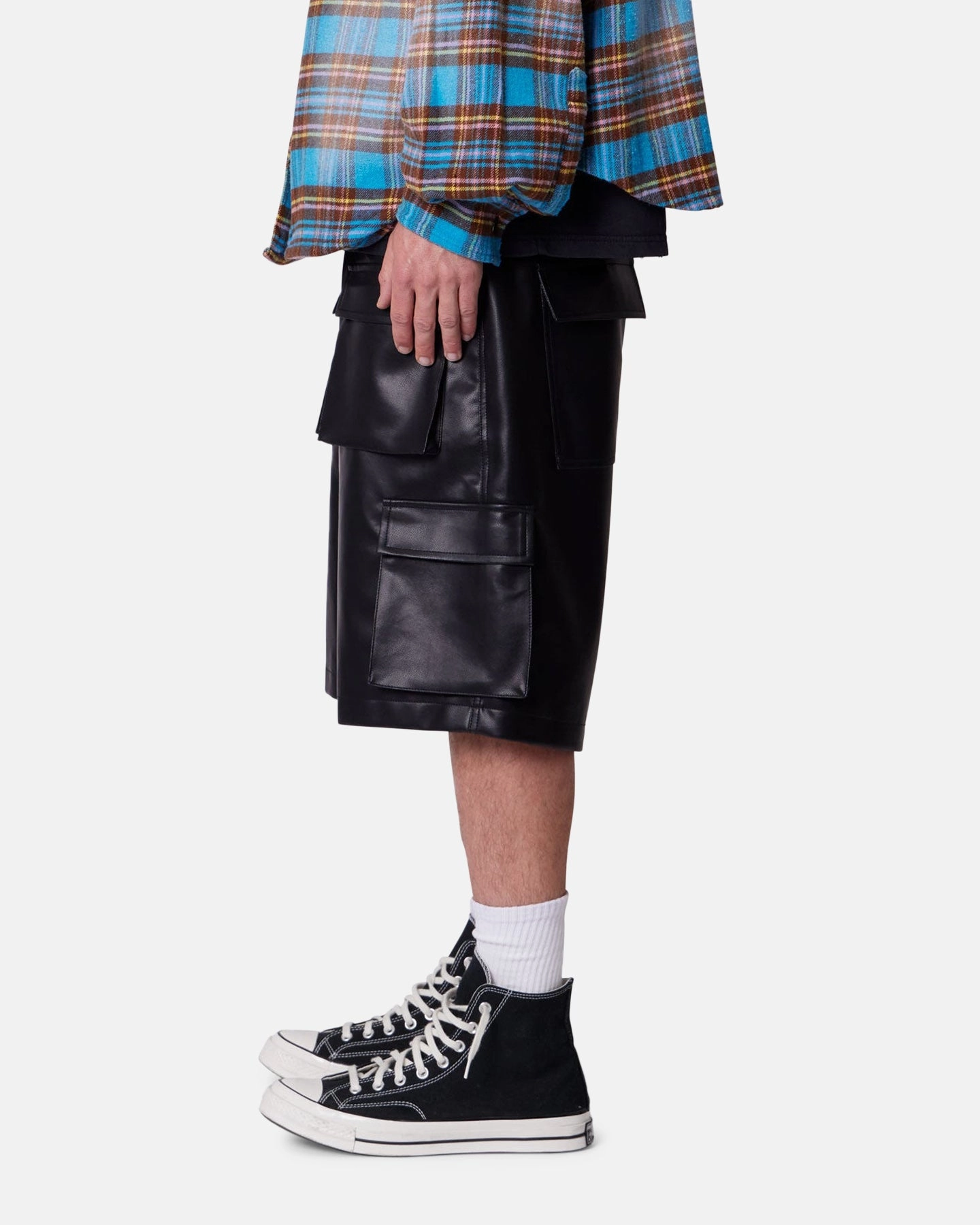 graduation season MNML Baggy Vegan Leather Cargo Shorts Black