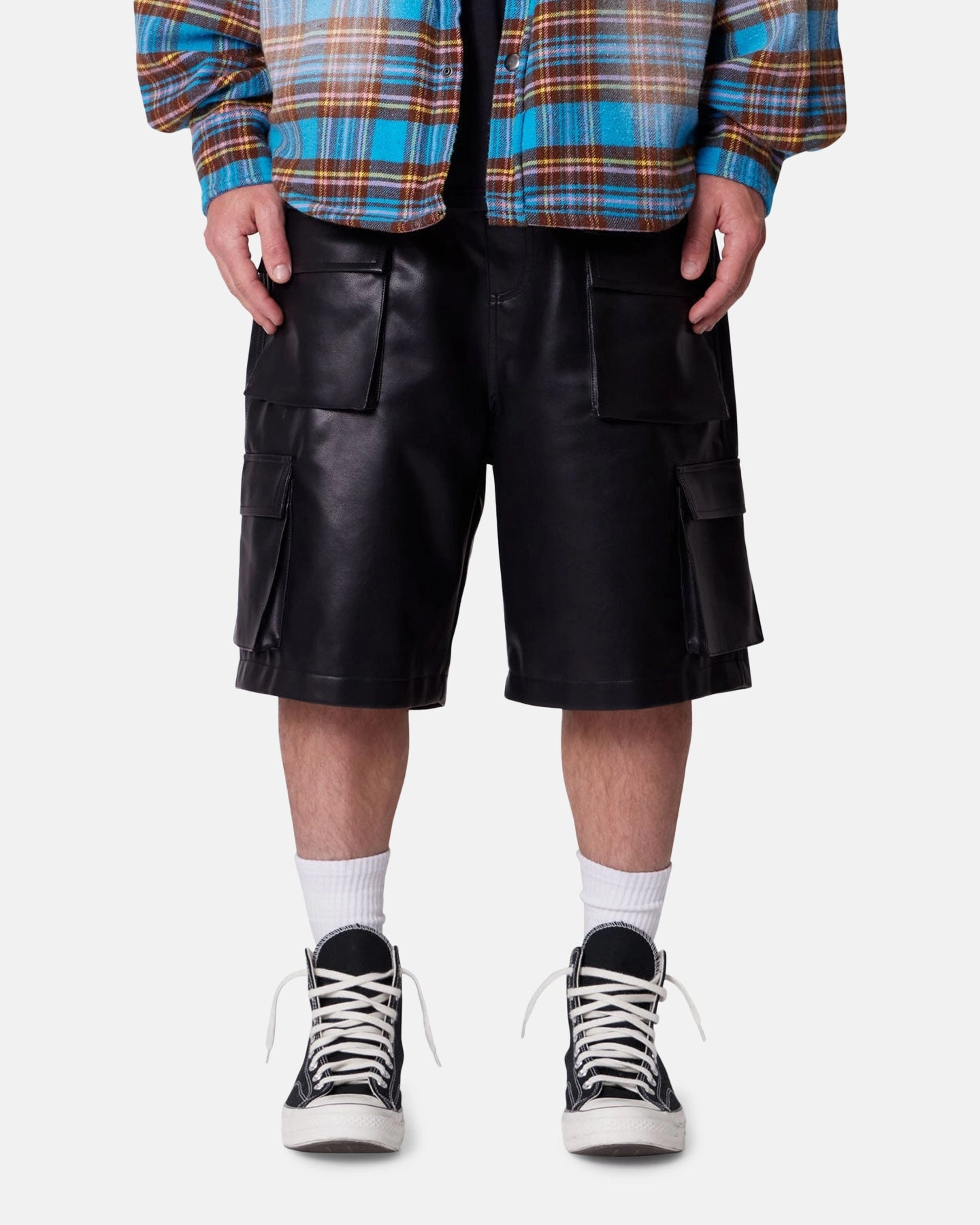 Flexible Gusset MNML Baggy Vegan Leather Cargo Shorts Black