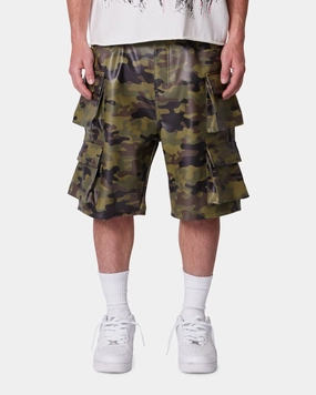 meditation wear MNML Baggy Vegan Leather Cargo Shorts Camo
