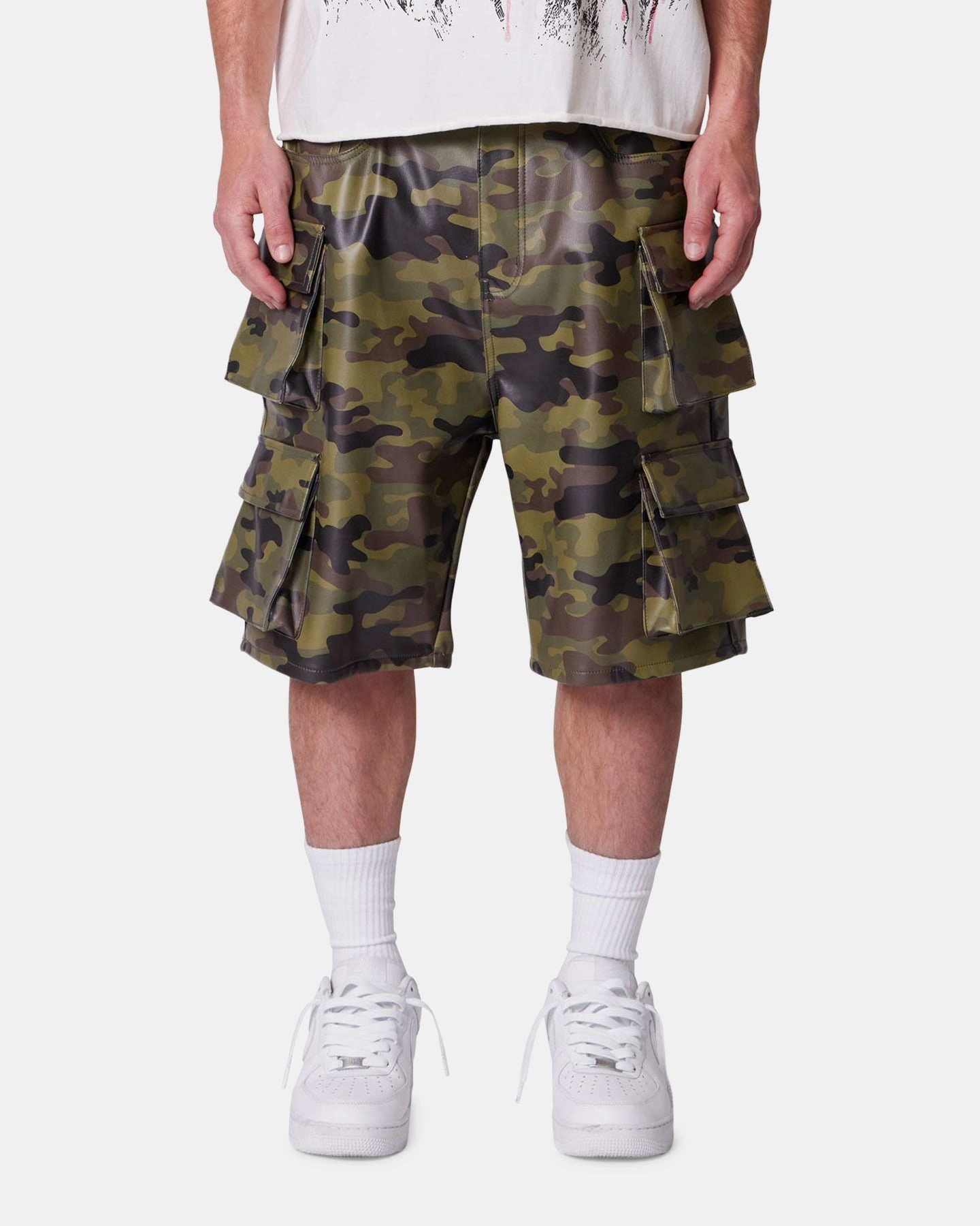 meditation wear MNML Baggy Vegan Leather Cargo Shorts Camo