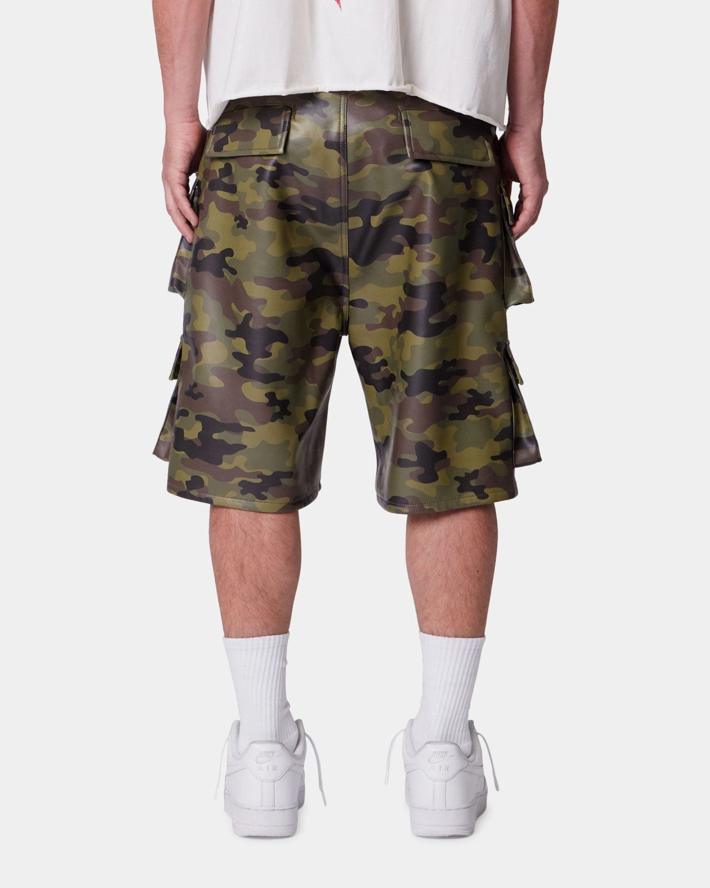 MNML Baggy Vegan Leather Cargo Shorts Camo UV Protection Fabric WaterResistantFinish