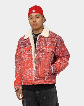 Quilted Stitching MNML Bandana Sherpa Trucker Jacket Red