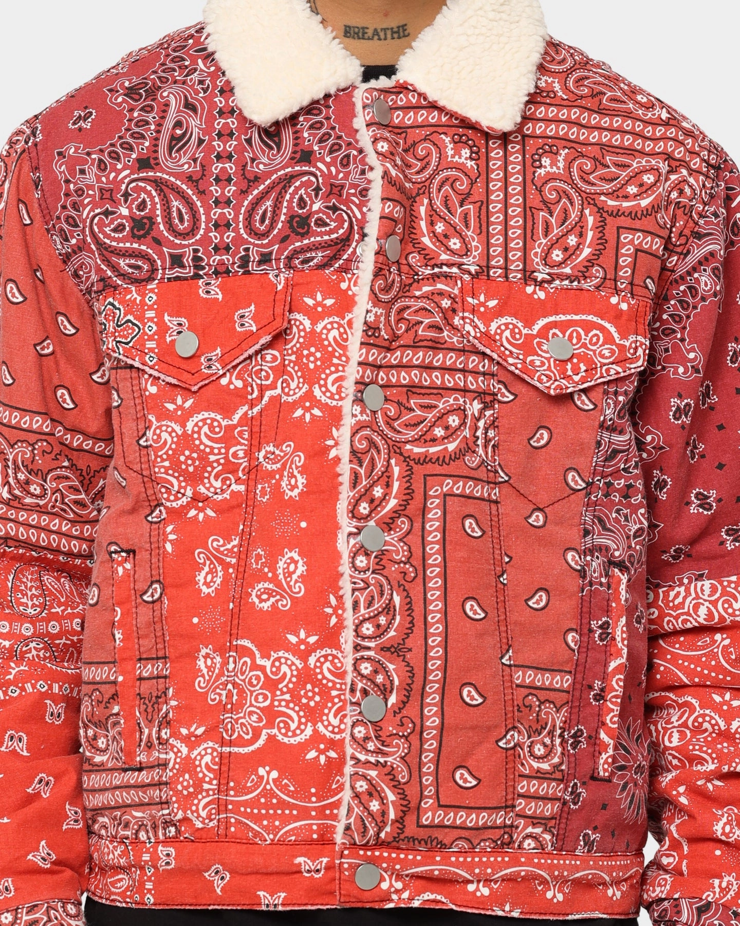 MNML Bandana Sherpa Trucker Jacket Red FullLengthZip