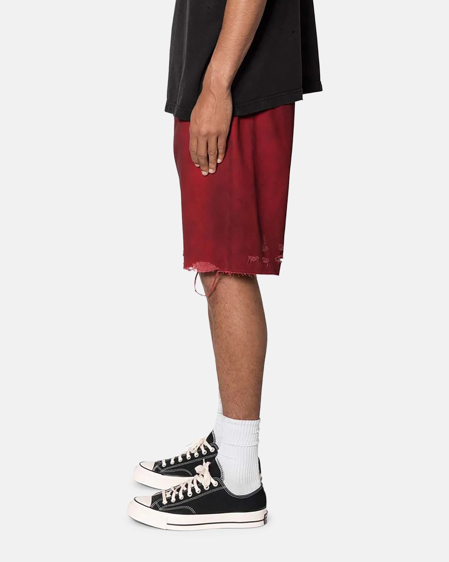 MNML Burnt Distressed Denim Shorts Red Double Needle Stitching