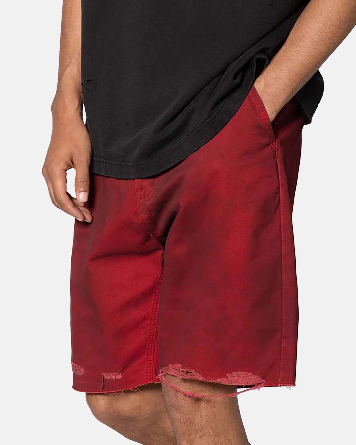 MNML Burnt Distressed Denim Shorts Red Bold Patterns No Slip Gripper