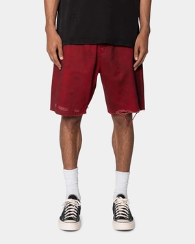 MNML Burnt Distressed Denim Shorts Red Sustainable Manufacturing snowboarding apparel