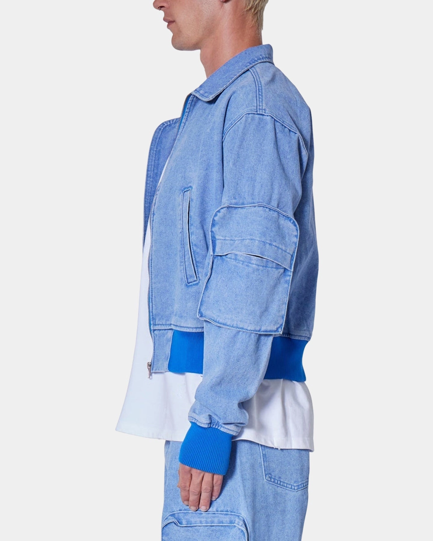 MNML Cropped Denim Jacket Blue Double Layered Hood