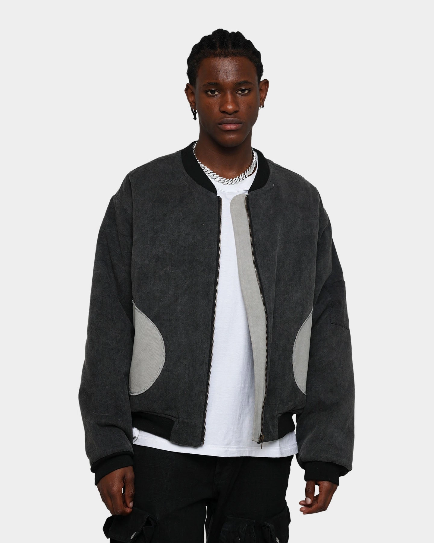 MNML Distressed Bomber Jacket Charcoal Grey Cool Climate suitable for casual gatherings
