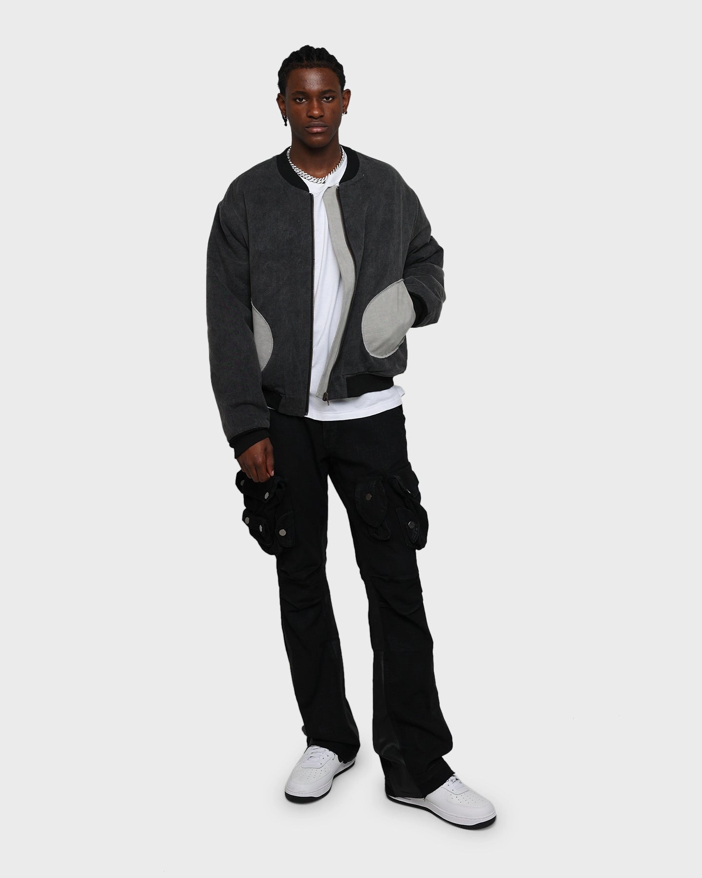 MNML Distressed Bomber Jacket Charcoal Grey High-quality