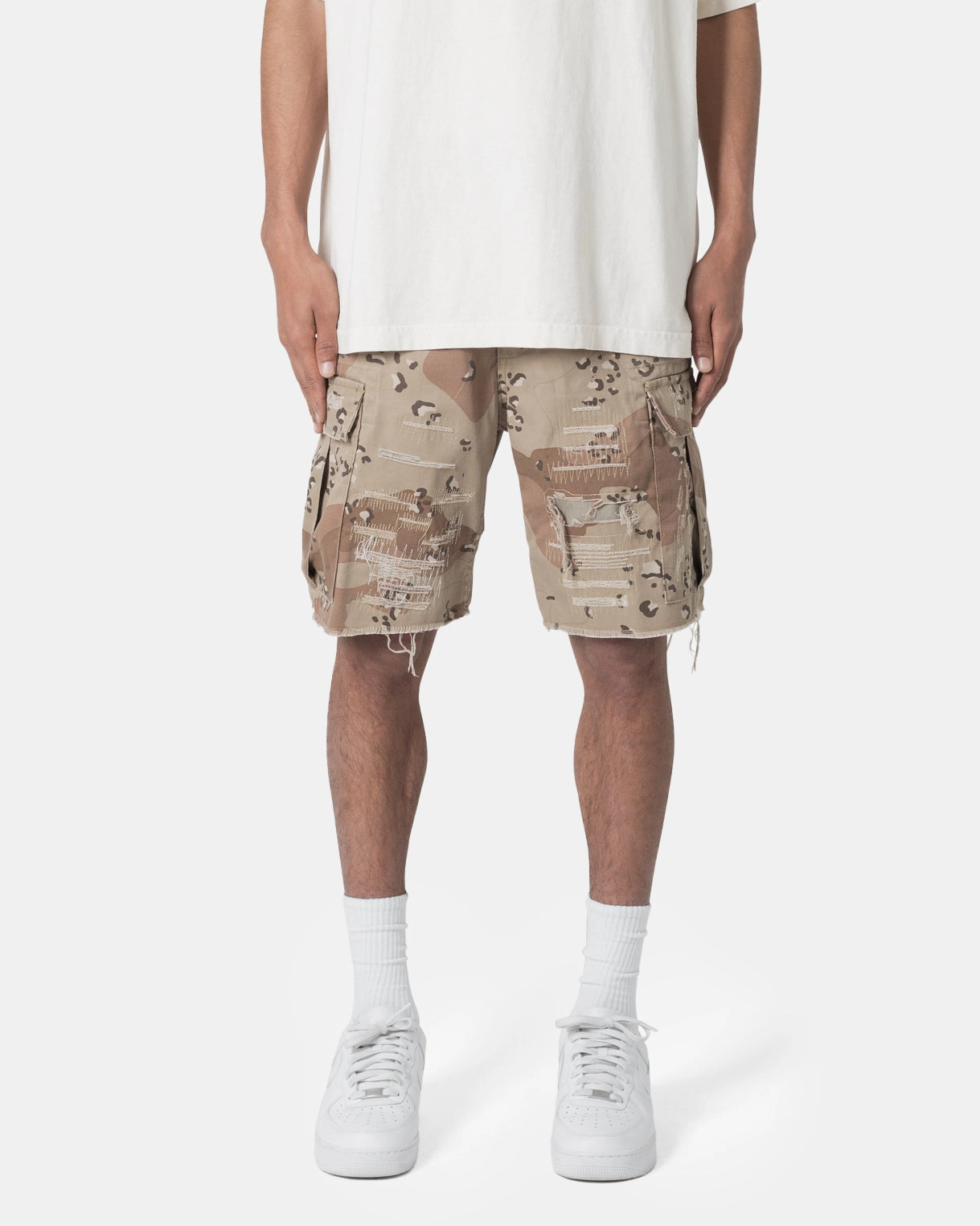 Layered Panel Design jewelry MNML Distressed Cargo Shorts Desert Camo