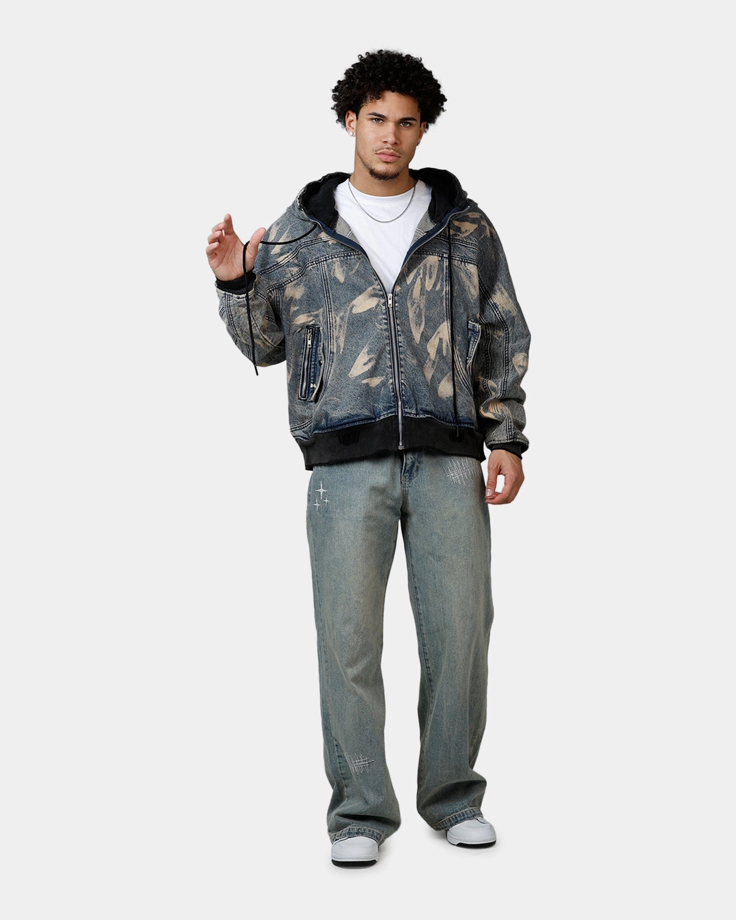 MultiPocket Design MNML Double Denim Hood Bomb Jacket Blue
