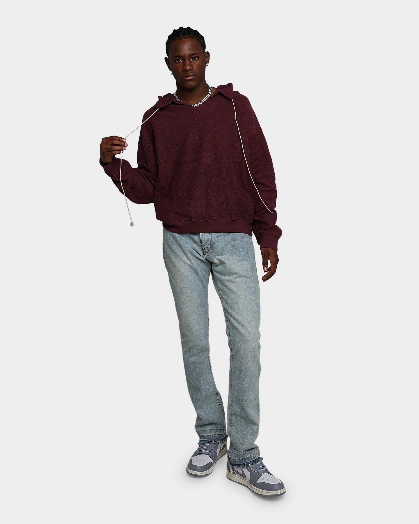 MNML Extended Drawcord Hoodie Burgundy Grid Backlined Interior