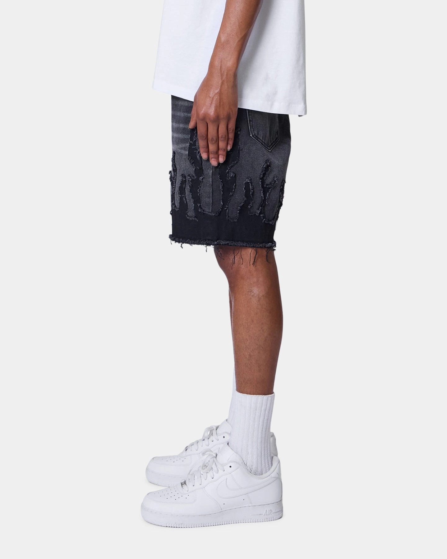 MNML Flame Denim Shorts Washed Black Ergonomic Curved Seams Soft Inner Lining