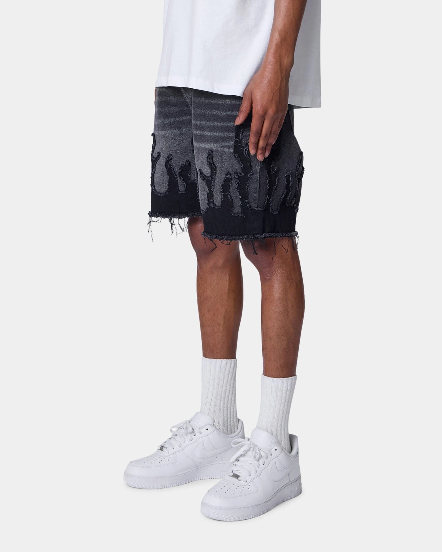 MNML Flame Denim Shorts Washed Black RollUpFasten Zero Chafe Construction