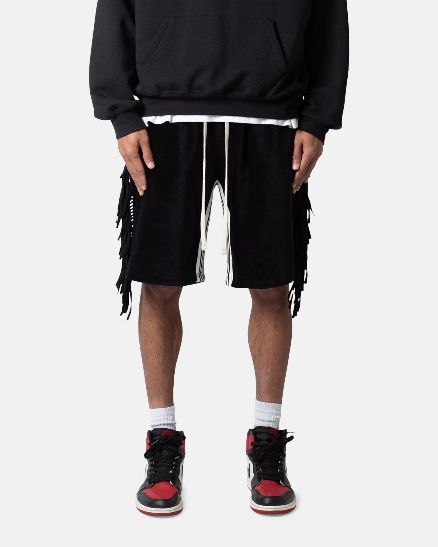 Versatile Piece Mood Casual MNML Fringe Velour Sweat Shorts Black