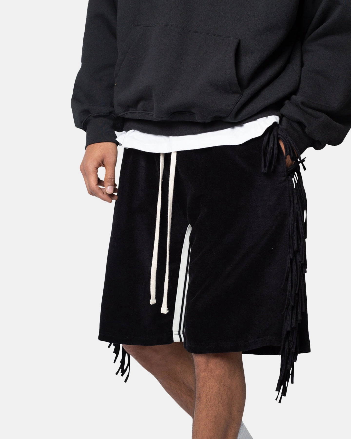 Multi Directional Flex Zones WaterResistantFinish MNML Fringe Velour Sweat Shorts Black