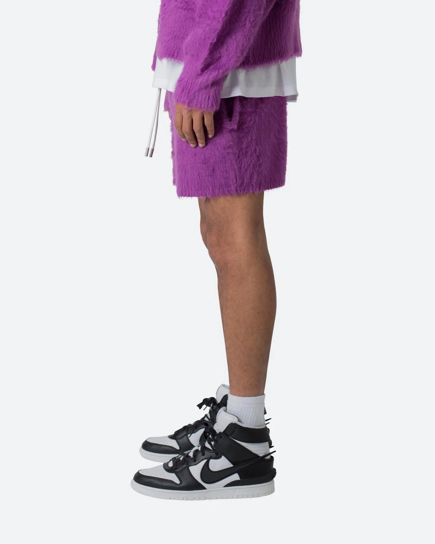MNML Fuzzy Sweat Shorts Purple Minimalist Look