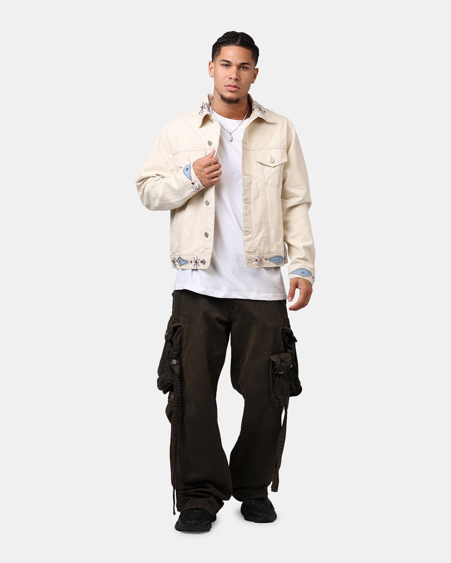 MNML Jewel Studded Trucker Jacket White High Quality