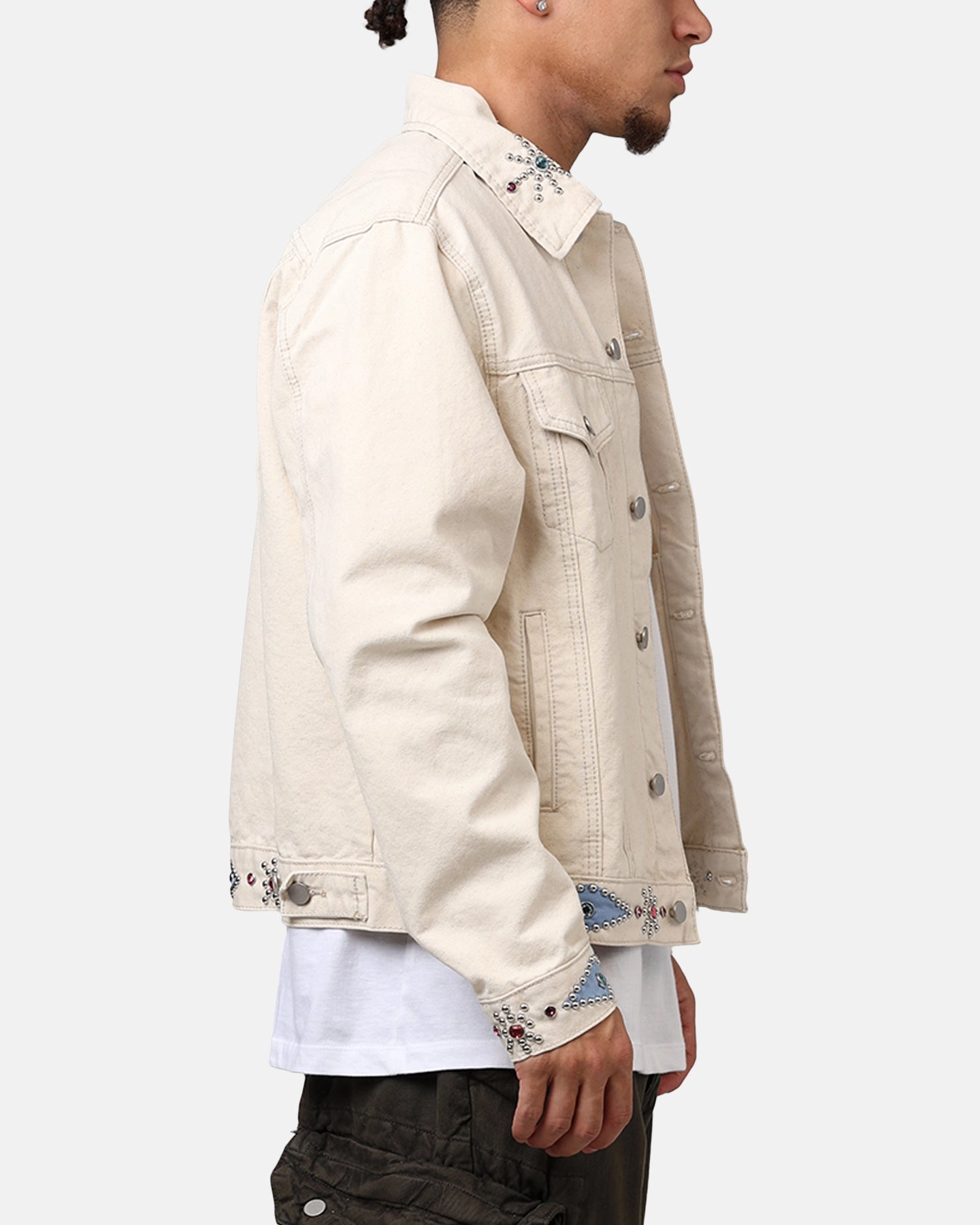 Noise Reduced Fabric MNML Jewel Studded Trucker Jacket White