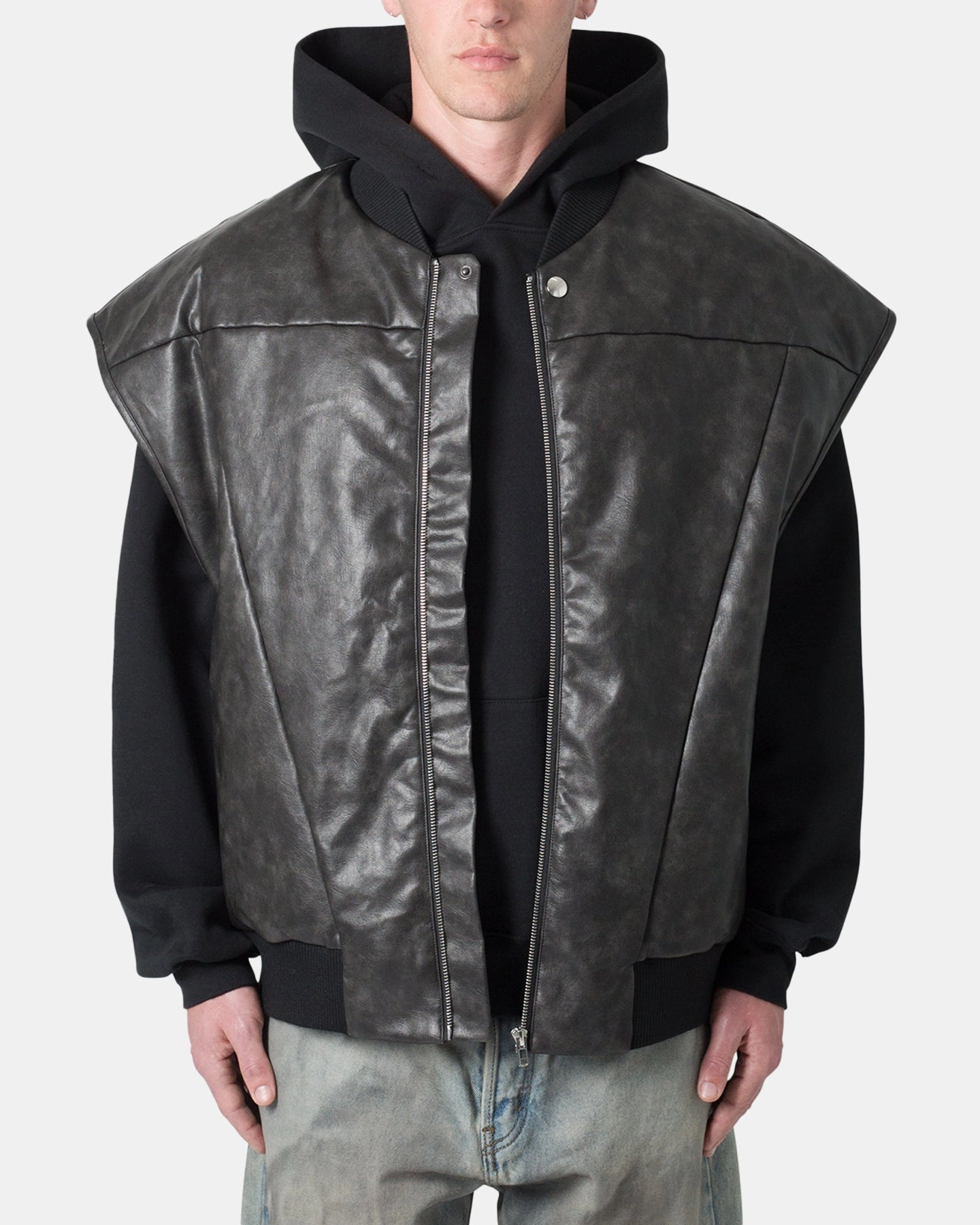 Softshell Fabric Technology LowProfileLogo MNML Leather Bomber Vest Black