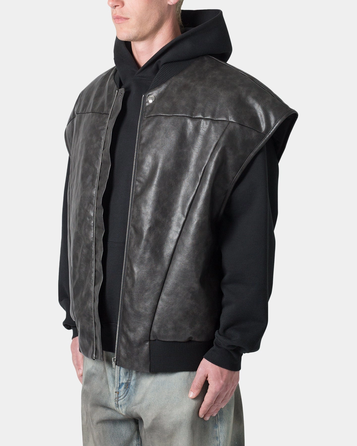 MNML Leather Bomber Vest Black Praise