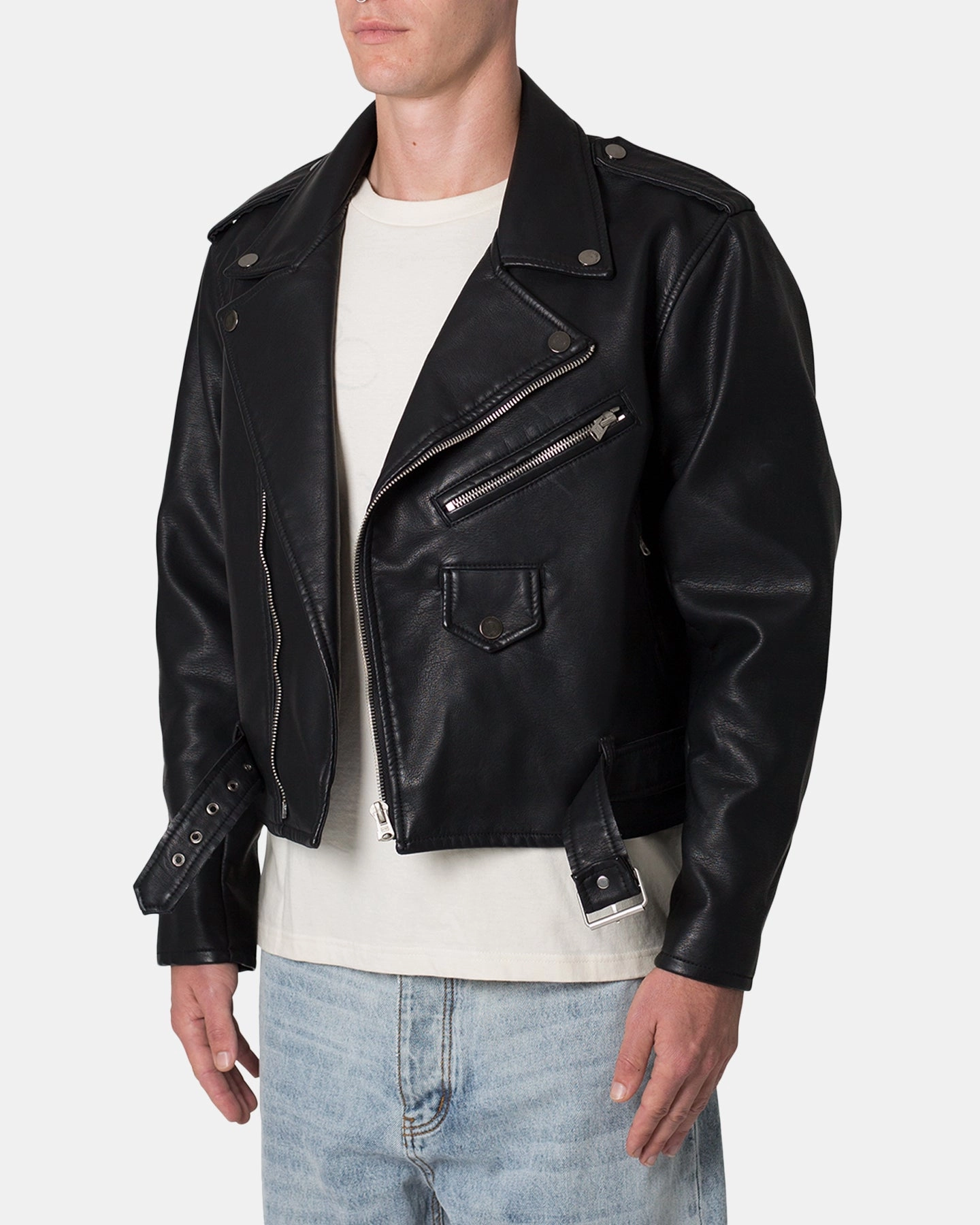 MNML Leather Moto Jacket Black Durable Zippers