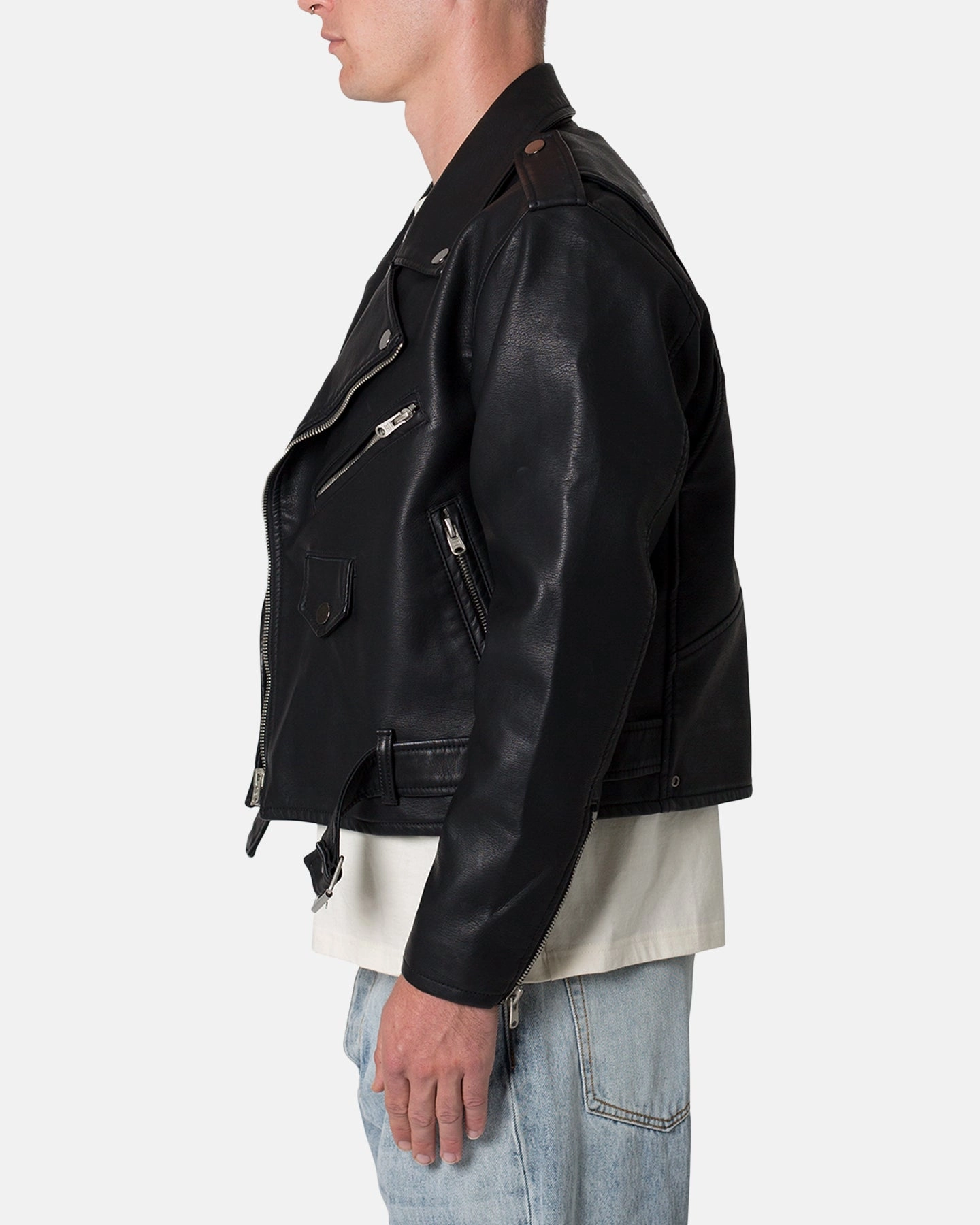 Quick Access Pockets Minimalist Aesthetic MNML Leather Moto Jacket Black