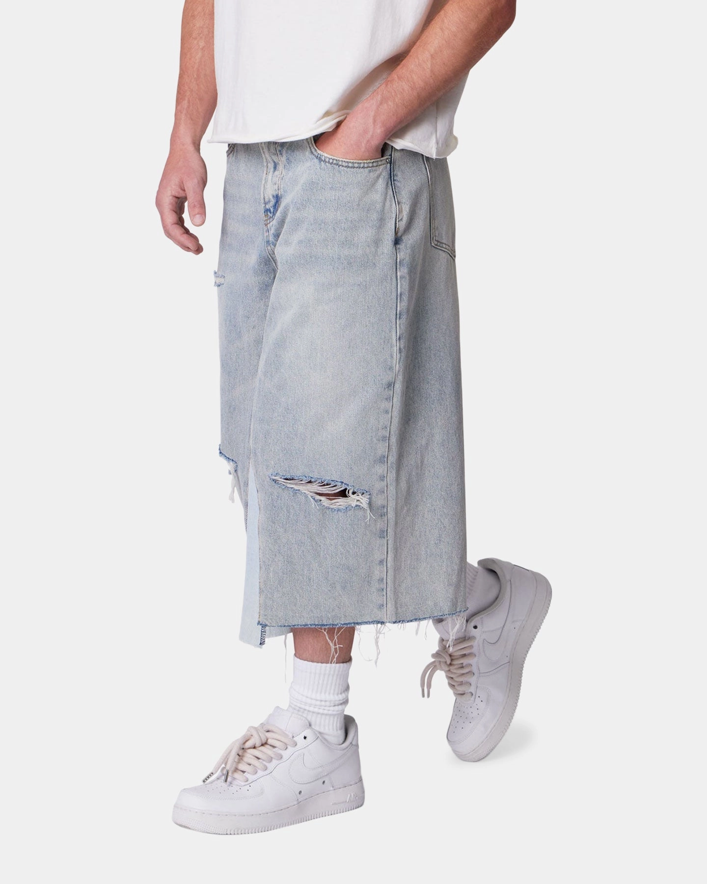 Layered Protection System MNML Panelled Denim Shorts Light Blue Wash