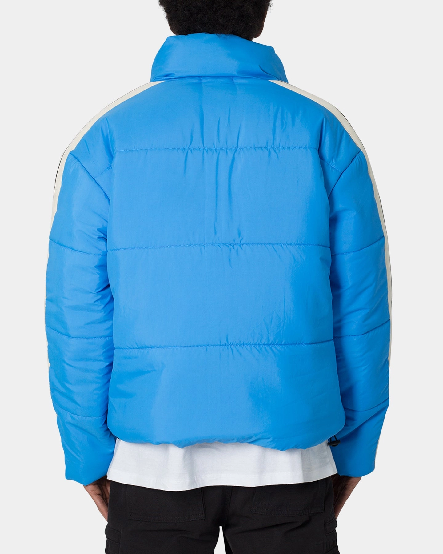 MNML Striped Puffer Jacket Blue Articulated Sleeves Negotiate