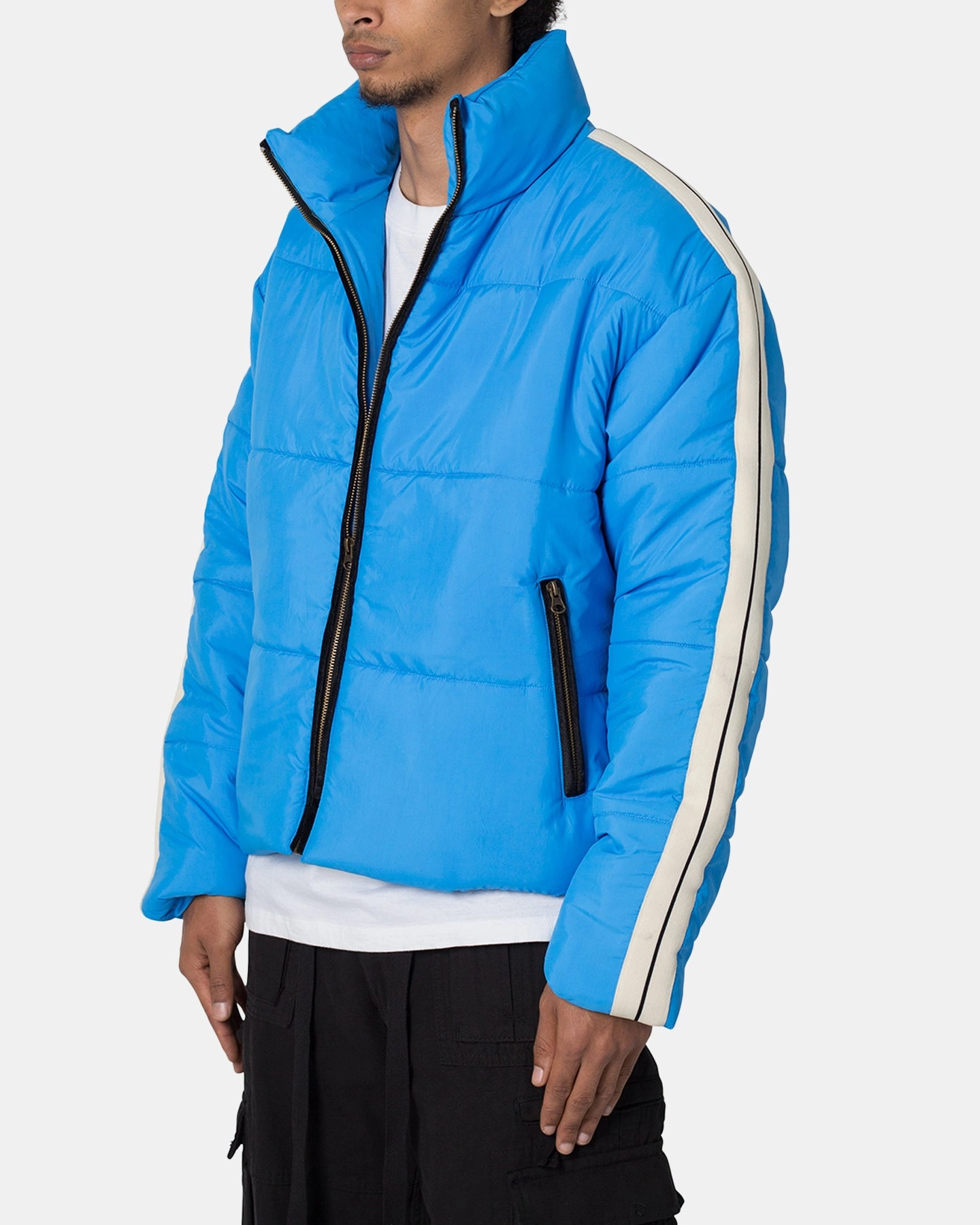 MNML Striped Puffer Jacket Blue detachable sleeves Nail-polish