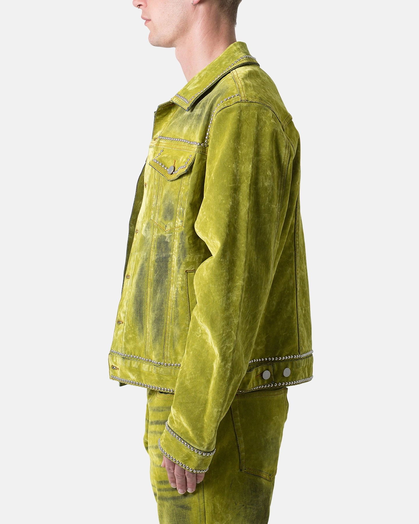 MNML Studded Suede Denim Jacket Green Hooded Design Report