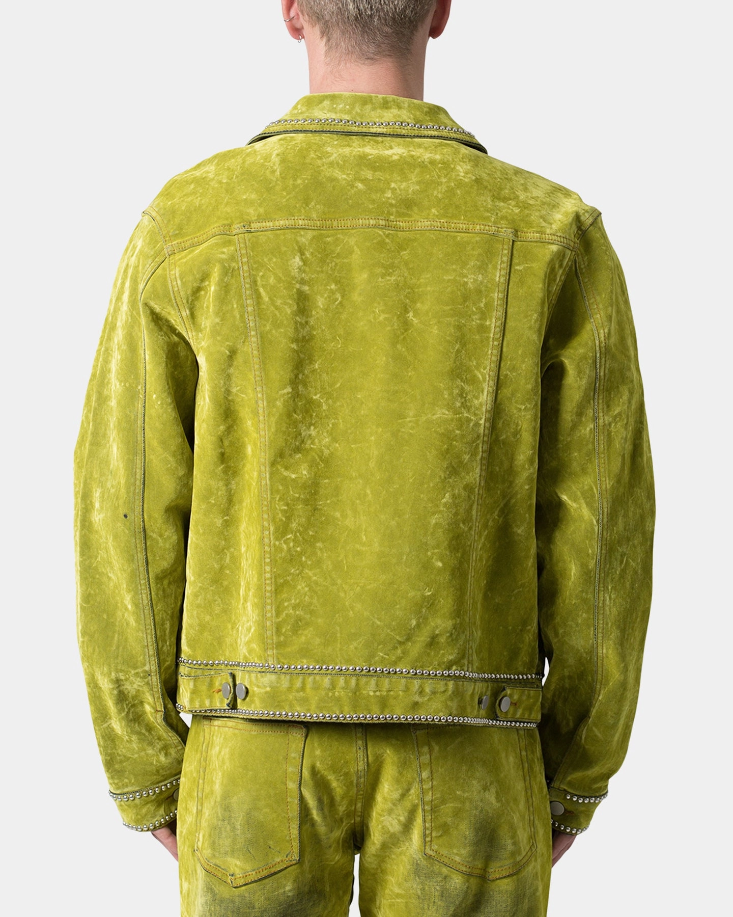 MNML Studded Suede Denim Jacket Green Double Stitched Edging models