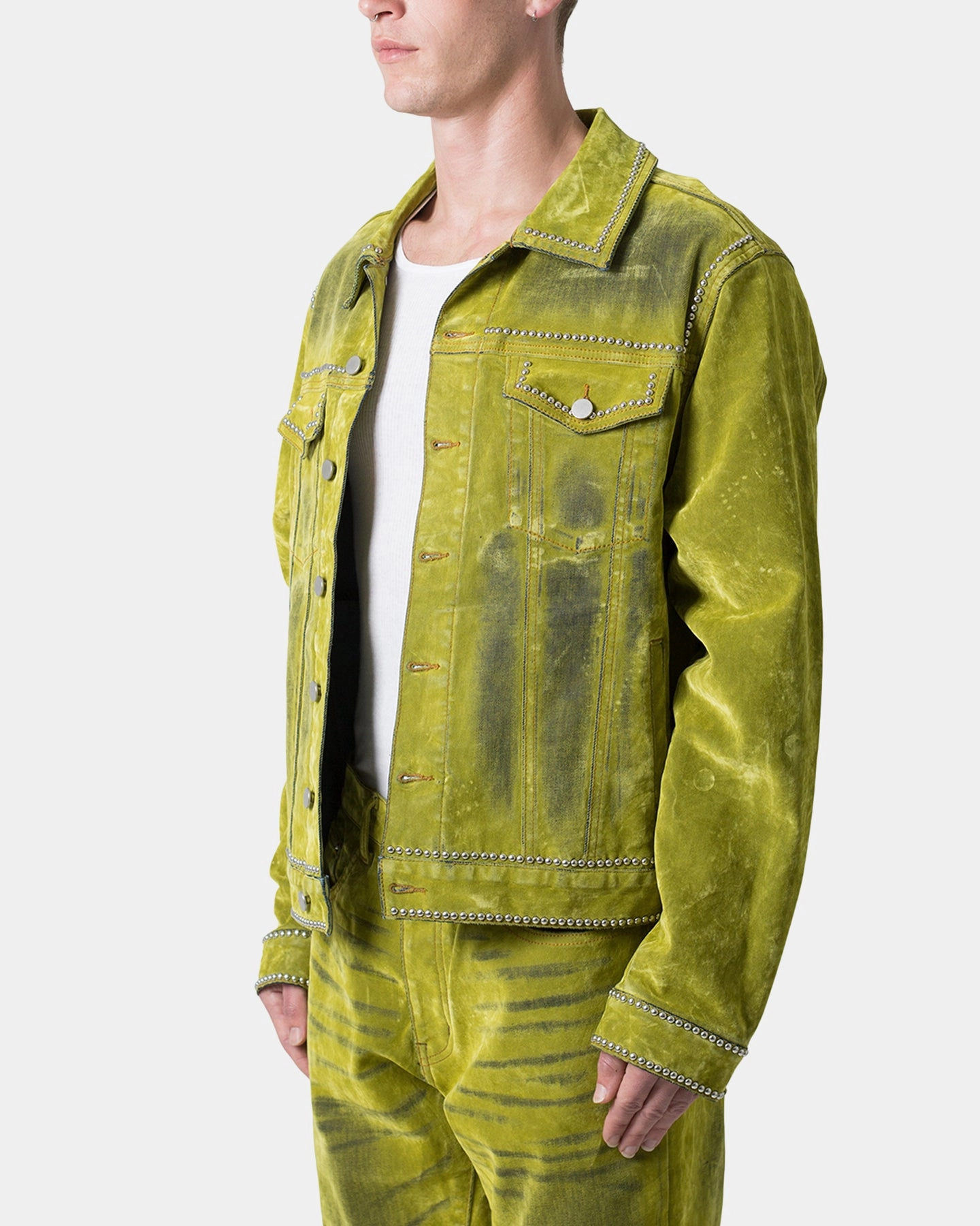 MNML Studded Suede Denim Jacket Green Outdoor Active