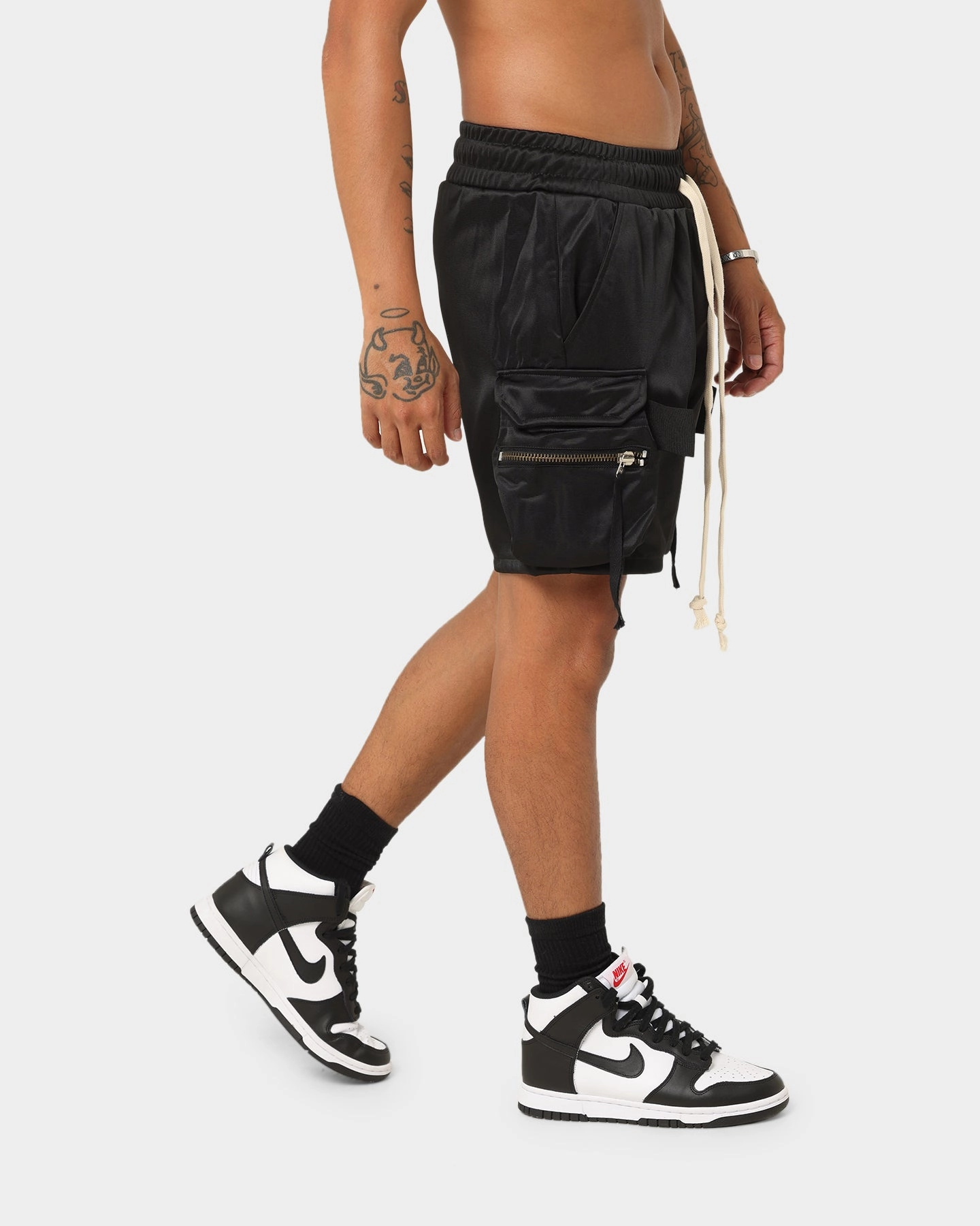 MNML Tactical Cargo Shorts Black Recycled Elastic Trim