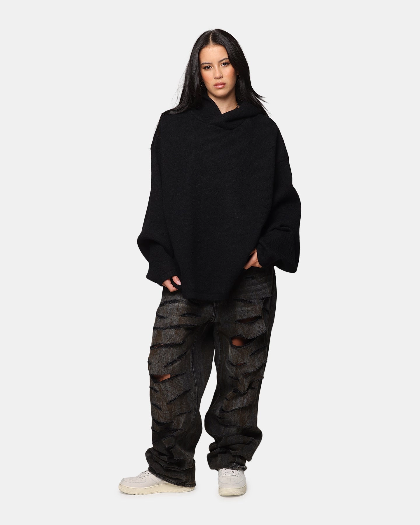 MNML Tonal Grain Knitted Hoodie Black suitable for dance competitions