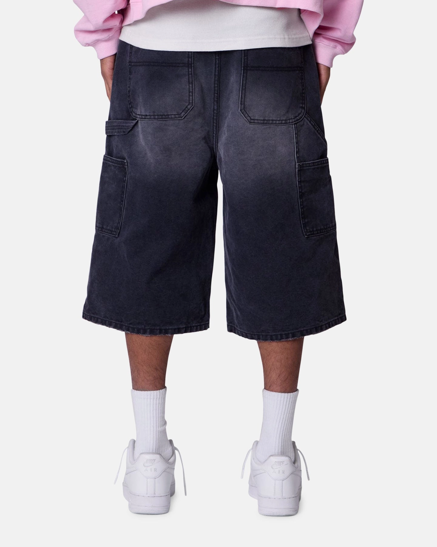 MNML Ultra Baggy Carpenter Shorts Washed Black Reflective Trim Detail