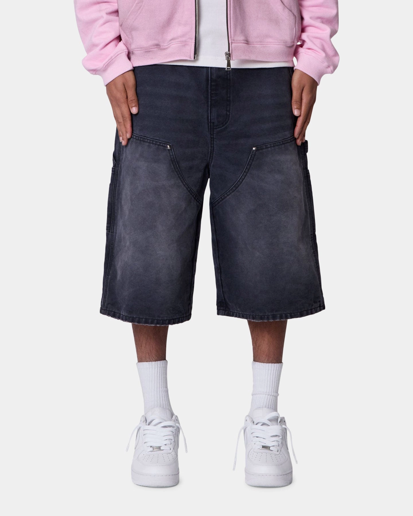 MNML Ultra Baggy Carpenter Shorts Washed Black Rough texture Reflective Trim Detail
